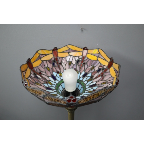 360 - A Tiffany Style Dragonfly Floor Lamp, With Brushed Metal Column. Lights Up When Tested, Approx 67.5