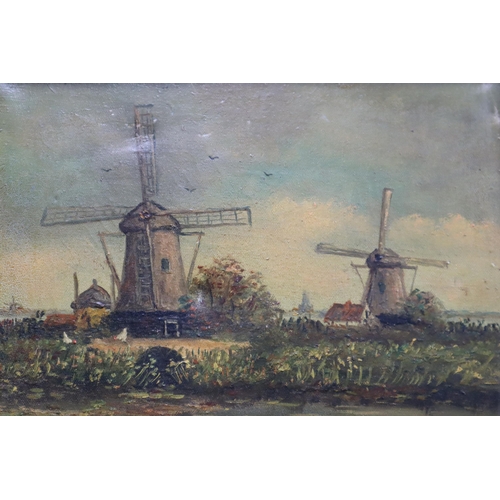 368 - Antique Framed Oil on Canvas Painting of Two Windmills on a Rivers Edge Signed by Artist Nuyperen 15... 