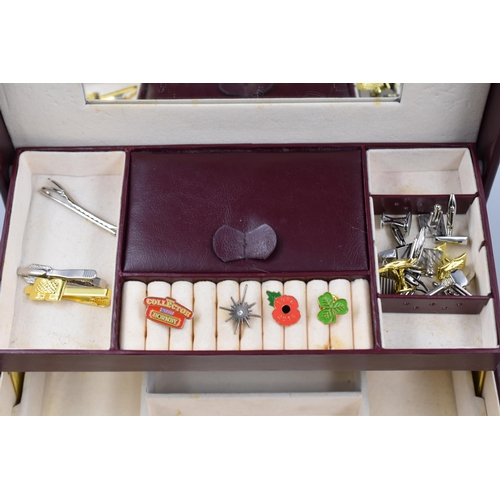 431 - Cantilever Mirrored Jewellery Box with a Selection of Cufflinks and Tie-Pins