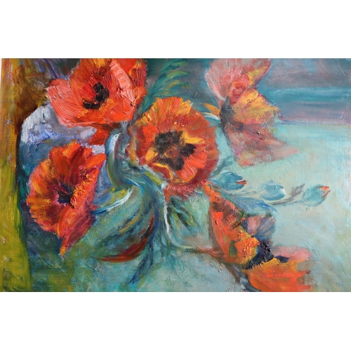 372 - Rene Temple Original Oil on Board entitled Poppies in White Framed Mount (21