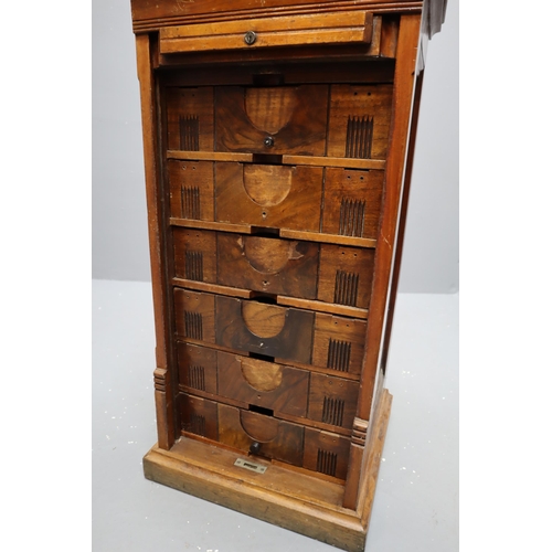 448 - Antique Lockable Oak Tambour Door Six Drawer Filing Cabinet Dressed with Walnut Inlay (drawer handle... 