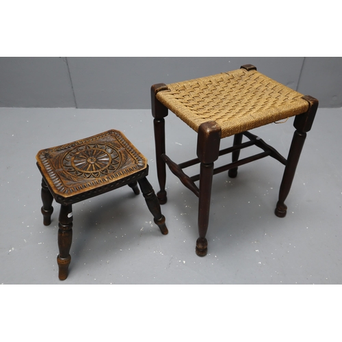 572 - Pair of Stools to include a Edwardian Hand carved Low Stool and a Vintage Rattan Stacked Leg Stool b... 