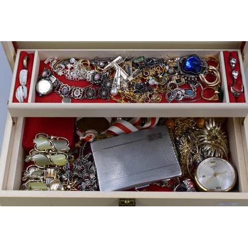 442 - Mirrored Jewellery Box with selection of Unsorted Jewellery, Cigarette Case, Swiza Clock and More