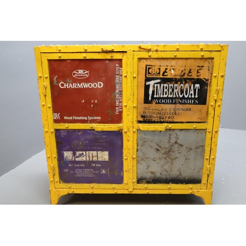 559 - An Indusrial Yellow Metal Storage Unit With Vintage Timber Branding. Approx 16