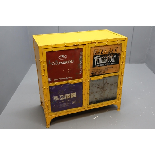 559 - An Indusrial Yellow Metal Storage Unit With Vintage Timber Branding. Approx 16