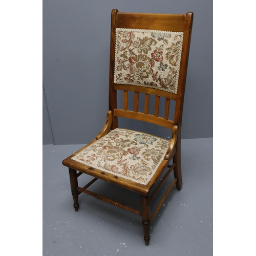 594 - Stunning Edwardian Carved oak Low Chair Dressed with Hand Embroidered Seat Base and Back Rest, Seat ... 