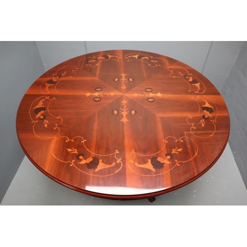 564 - Italian Mahogany Round Dining Table In High Gloss Marquetry with Inlaid Detail and Carved Legs Appro... 