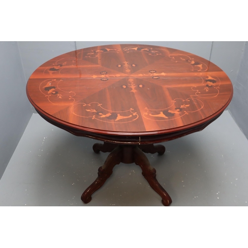 564 - Italian Mahogany Round Dining Table In High Gloss Marquetry with Inlaid Detail and Carved Legs Appro... 