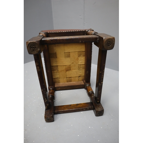 601 - Very Nice Condition Vintage Solid Oak Webb Based Stool Professionally Covered in Brown Faux leather ... 