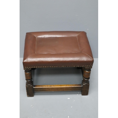 601 - Very Nice Condition Vintage Solid Oak Webb Based Stool Professionally Covered in Brown Faux leather ... 