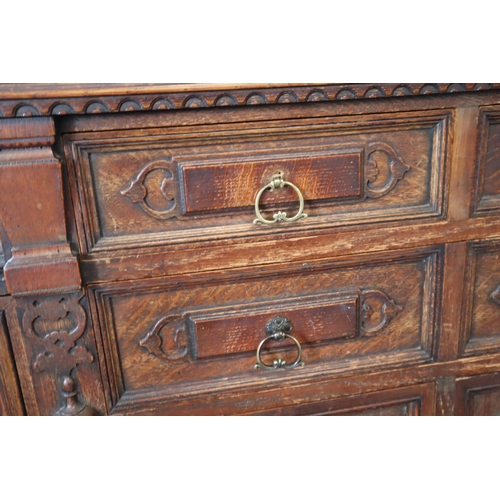 602 - Victorian Hand Carved Lockable Oak Buffet Split Level Sideboard with Three Drawer and Two Cupboard S... 