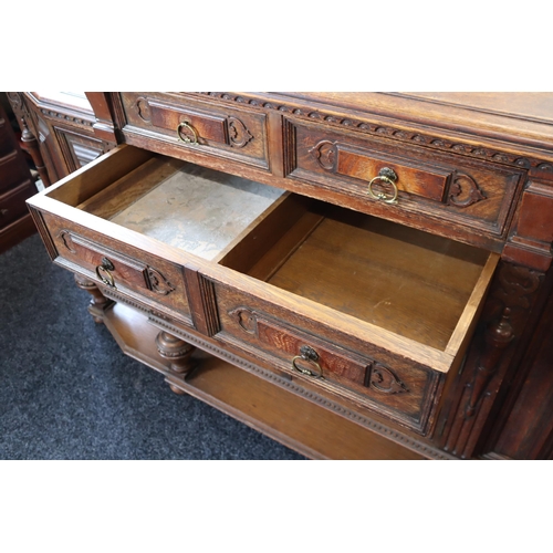 602 - Victorian Hand Carved Lockable Oak Buffet Split Level Sideboard with Three Drawer and Two Cupboard S... 