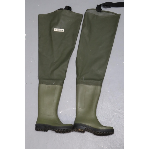 643 - Two pairs of waterproof wading boots over knee hip waders (one is size 38) and Two welly camouflage ... 