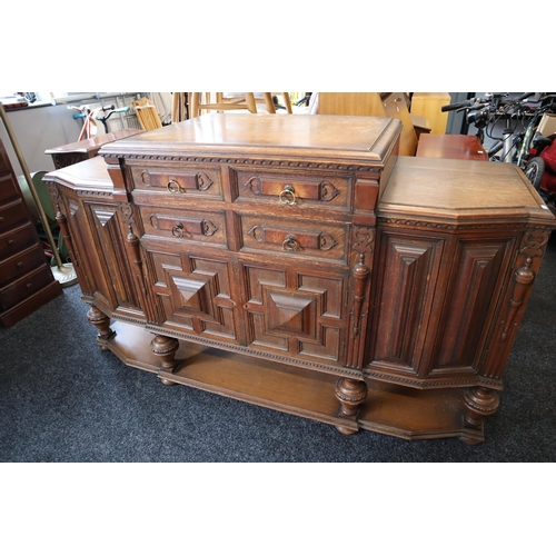 602 - Victorian Hand Carved Lockable Oak Buffet Split Level Sideboard with Three Drawer and Two Cupboard S... 