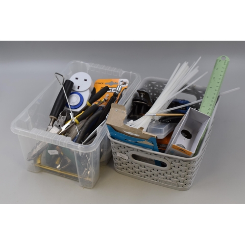 649 - Two boxes full of tools to include files, plyers, nippers, watch batteries, small plain, timer plug,... 