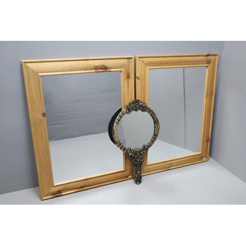 621 - Two Large Wall Mounted Pine Framed Mirrors and a Unusual Wall Hanging Mirror