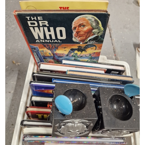 736 - Lot of Doctor Who Annuals (1960's onwards)  Books and 2 Cyberman Egg Cops and Spoons.