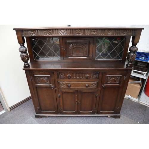 751 - Antique dark wood sideboard 5 cupboards and 2 drawers with leaded glass and carved finish (51