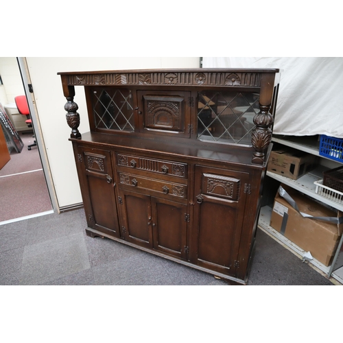 751 - Antique dark wood sideboard 5 cupboards and 2 drawers with leaded glass and carved finish (51