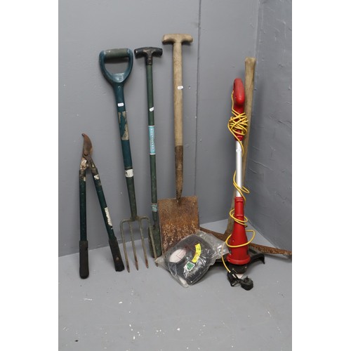 754 - Selection of garden tools to include a mini strimmer, fork, loppers, long handle trowel, pick and sp... 