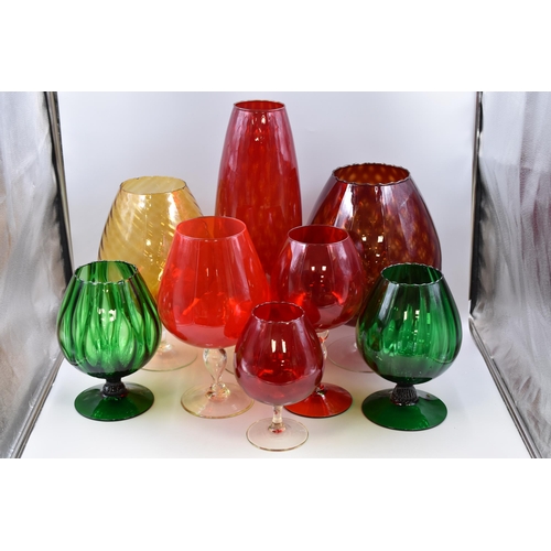 226 - Selection of 8 vintage coloured Brandy glass vases (tallest 19 1/2