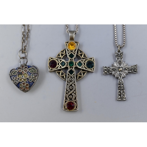 25 - Three Sterling Silver Necklace Chains With Unmarked Pendants, To Include Marcasite Cross, Celtic Cro... 