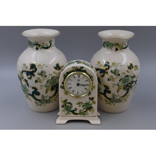 291 - Three Pieces of Mason's Chartreuse, Includes Pair of Vases (One AF), And Mantle Clock. Vases Are App... 