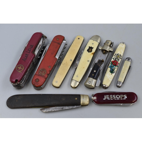 238 - Eight Pen Knives To Include Bone, Mother of Pearl, Jessops and Swiss Army Knife, And More