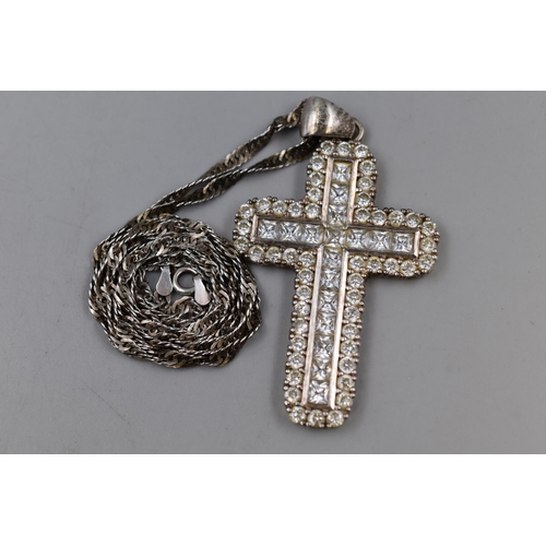 35 - A Sterling Silver Clear Stoned Cross Pendant Necklace, Marked 'CME'