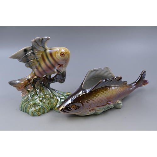 295 - Two H.BEQUET QUAREGNON fish figurines lustre finish (tallest 8 1/2