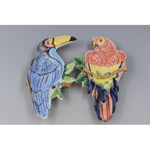 296 - Two Italian Hand Glazed Mid Century Toucan Wall Plaques (10”)