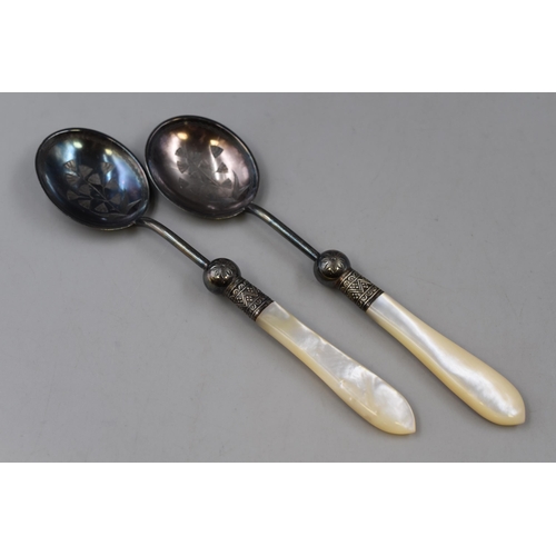 40 - A Pair of Hallmarked Sheffield Silver Spoons, With Engraved Floral Decoration and Mother of Pearl Ha... 