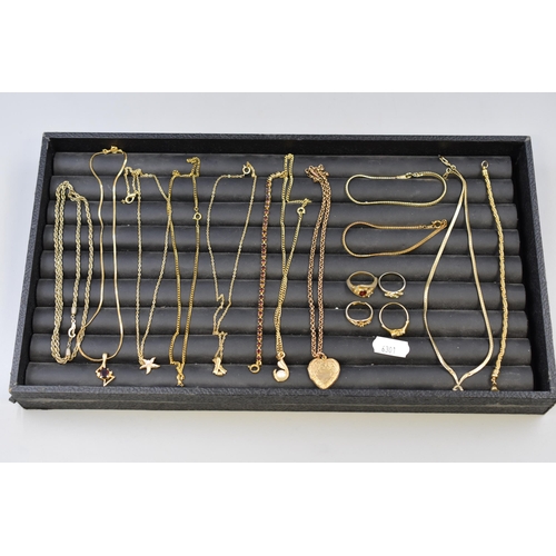 246 - A Selection of Gold Tone Jewellery To Include Gold Plated Locket Pendant Necklace, Rings, Bracelets ... 