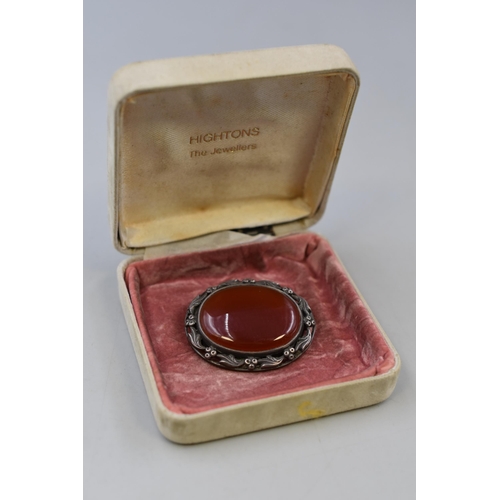 247 - Vintage Hallmarked Birmingham Silver Carnelian Stoned Brooch Complete with Presentation Box