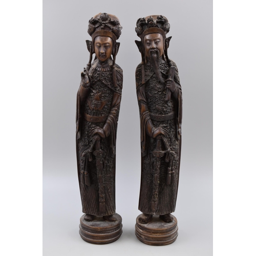 319 - A Pair of Oriental Ornate Sculptures, Depicting Male and Female Holding Swords, Approx 17