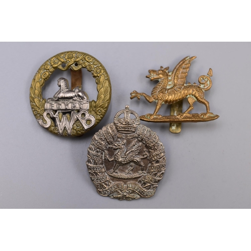 263 - Three Military Cap Badges Monmouthshire Regiment, and South Wales Borderer