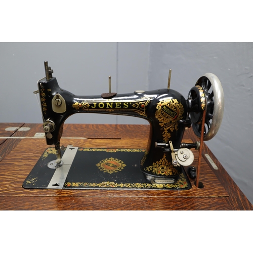 485 - An Antique Jones Fold-Away Mahogany Sewing Table Cabinet With Various Accessories, Approx 20