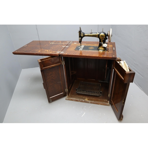 485 - An Antique Jones Fold-Away Mahogany Sewing Table Cabinet With Various Accessories, Approx 20