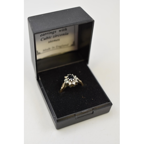 68 - Silver 925 Gold Plated Clear and Black Stoned Ring Complete with Presentation Box