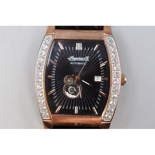 76 - A 23 Jewels Ingersoll Ladies Automatic Skeleton Watch, Clear Stoned and Copper Tone With Leather Str... 