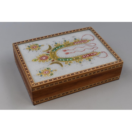 277 - Inlaid Wooden Jewellery Box with Hand Painted Mother of Pearl Lid (7