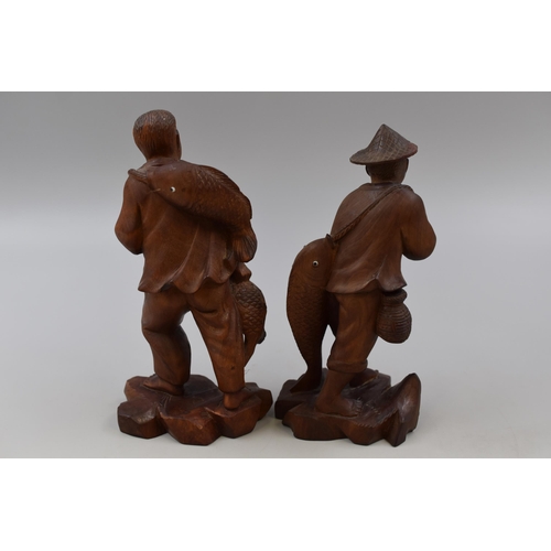 280 - Two antique Chinese fisherman wood carved figurines (7 1/2