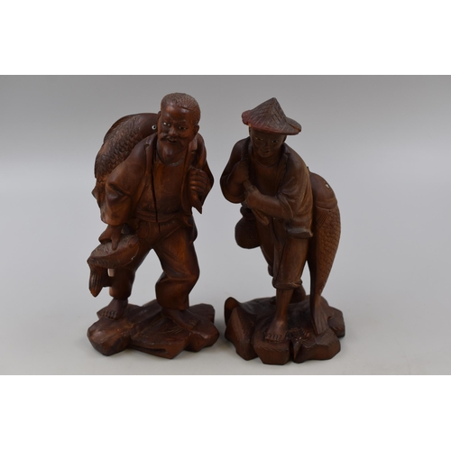 280 - Two antique Chinese fisherman wood carved figurines (7 1/2