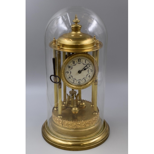 337 - A German Enamelled Floral Face Brass Anniversary Clock, With Glass Dome. In Working Order, Approx 16... 