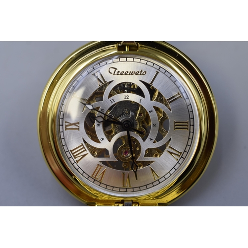 91 - TREEWETO Full Hunter Skeleton Dial Mechanical Pocket Watch with Presentation Box and Manual