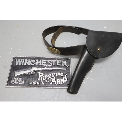 345 - USA Leather Colt Pistol Holster (Re-enactment) and a Modern Winchester Sign