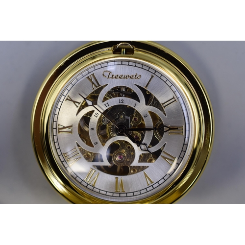 93 - TREEWETO Full Hunter Skeleton Dial Mechanical Pocket Watch with Presentation Box and Manual