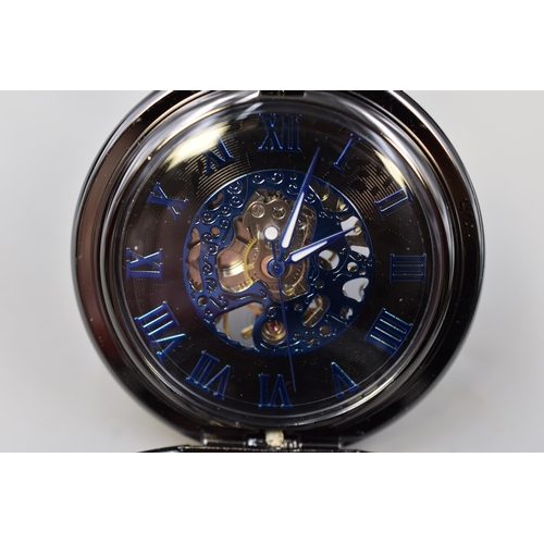 95 - TREEWETO Hollow Case Steampunk Blue Hands Fob Pocket Watch with Presentation Box and Manual