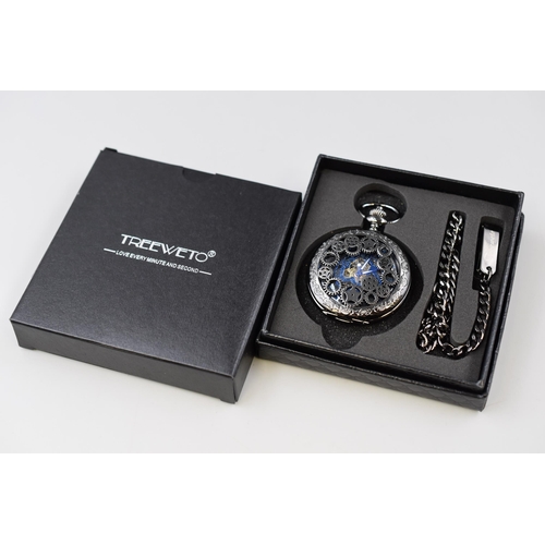 95 - TREEWETO Hollow Case Steampunk Blue Hands Fob Pocket Watch with Presentation Box and Manual