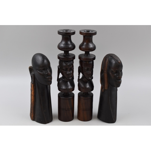 348 - Pair of Carved African Dark Wood Candle Holders and Male and Female Busts Approx. 8